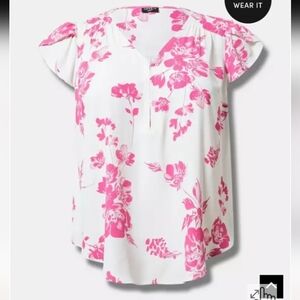 Torrid White and Pink Floral Cap Sleeve Blouse